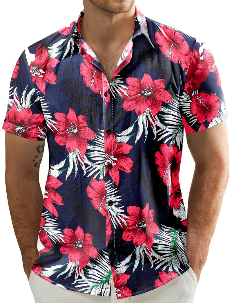JOGAL Men's Flower Casual Button Down Short Sleeve Hawaiian Shirt Large Navy - Image 1